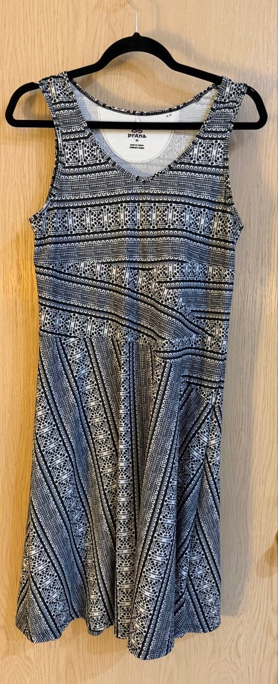 prAna Amelie Dress Women M Indigo Lace Black White Athletic Travel A-Line
